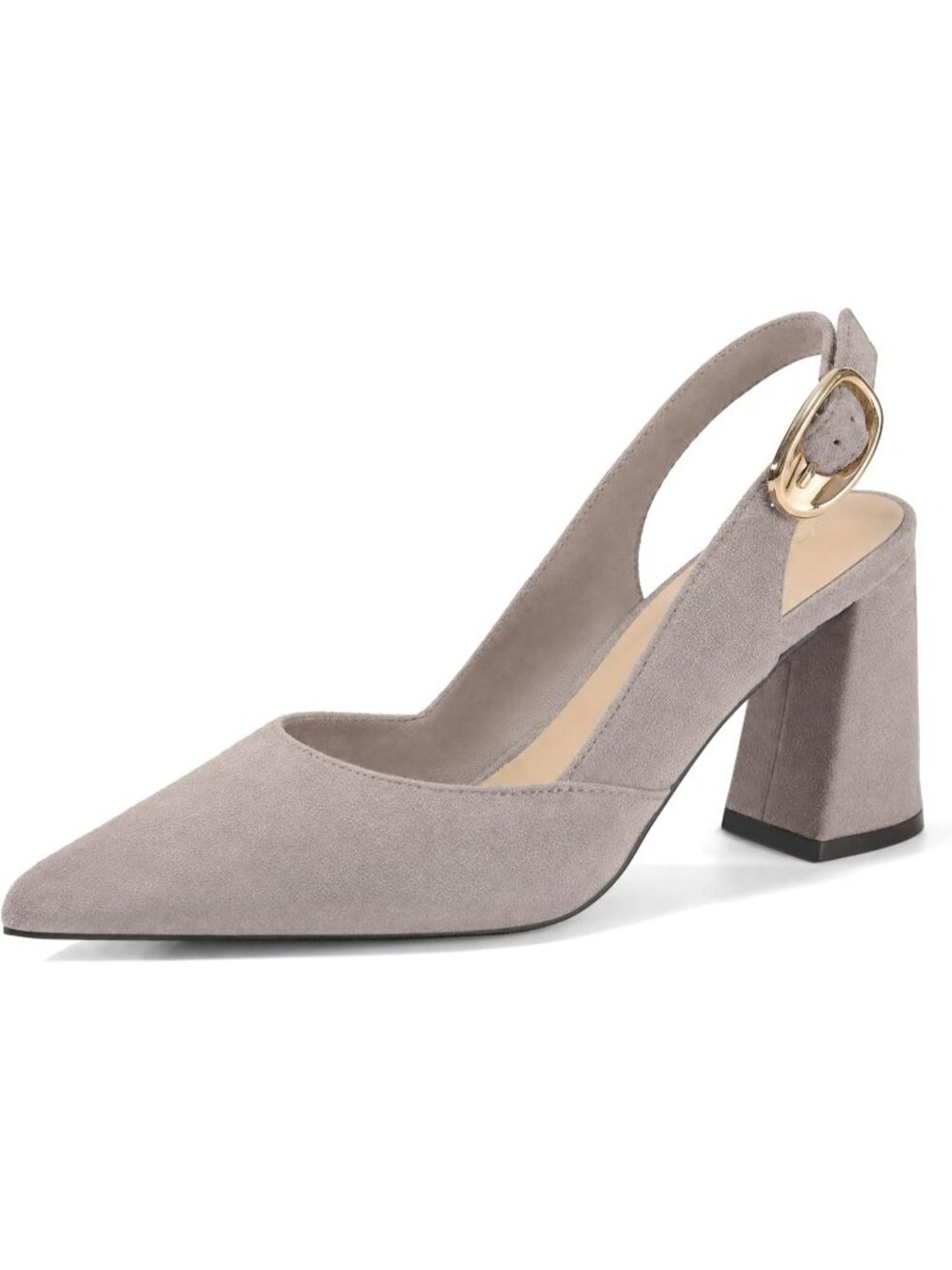 Women's Grey Suede Pointed Toe Slingback Block Heel Adjustable Buckle Pumps